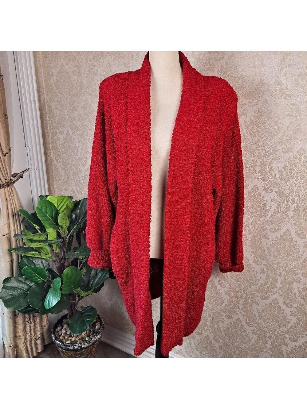 Extra Energy by De Rotchild Size Medium Oversized Long Red Cardigan Pockets EUC